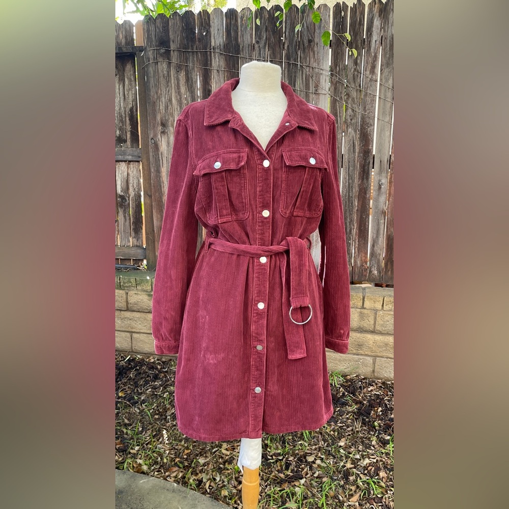 Topshop Burgundy Corduroy Belted shirt dress coat grunge fall streetwear casual